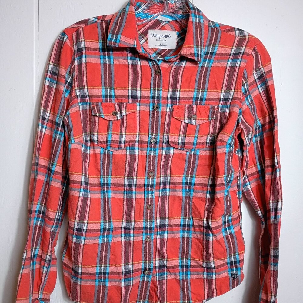Aeropostale Eighty Seven Orange Blue Plaid Button Down Shirt Juniors M Fall